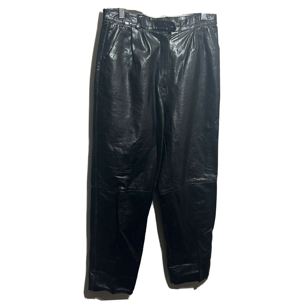 Vintage Black Brown Pleated Leather Pants High Rise Womens 29" W 30" inseam